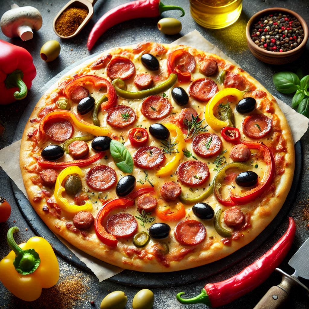 Pizza Española con longaniza, morrón y aceitunas