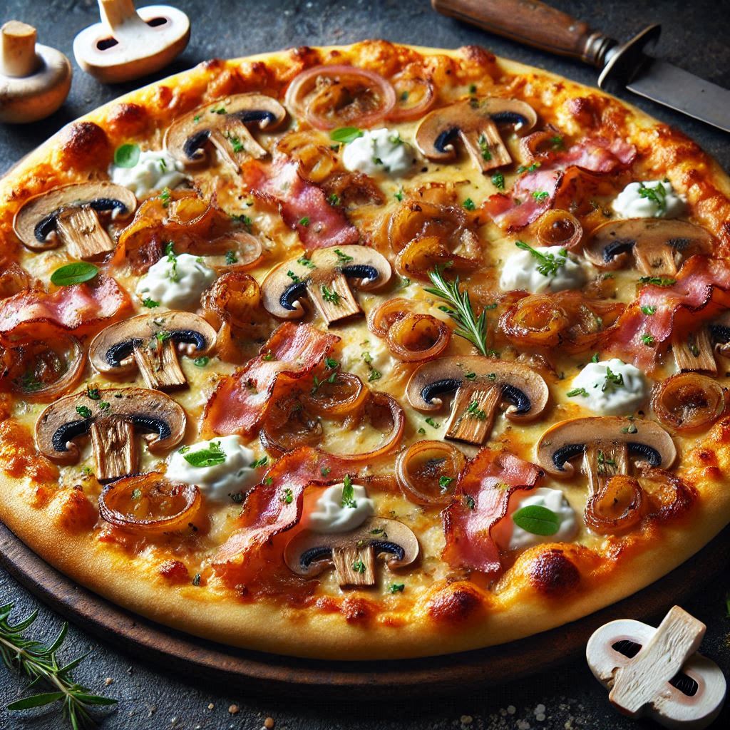 Pizza Francesa con cebolla caramelizada, hongos, tocino y queso crema