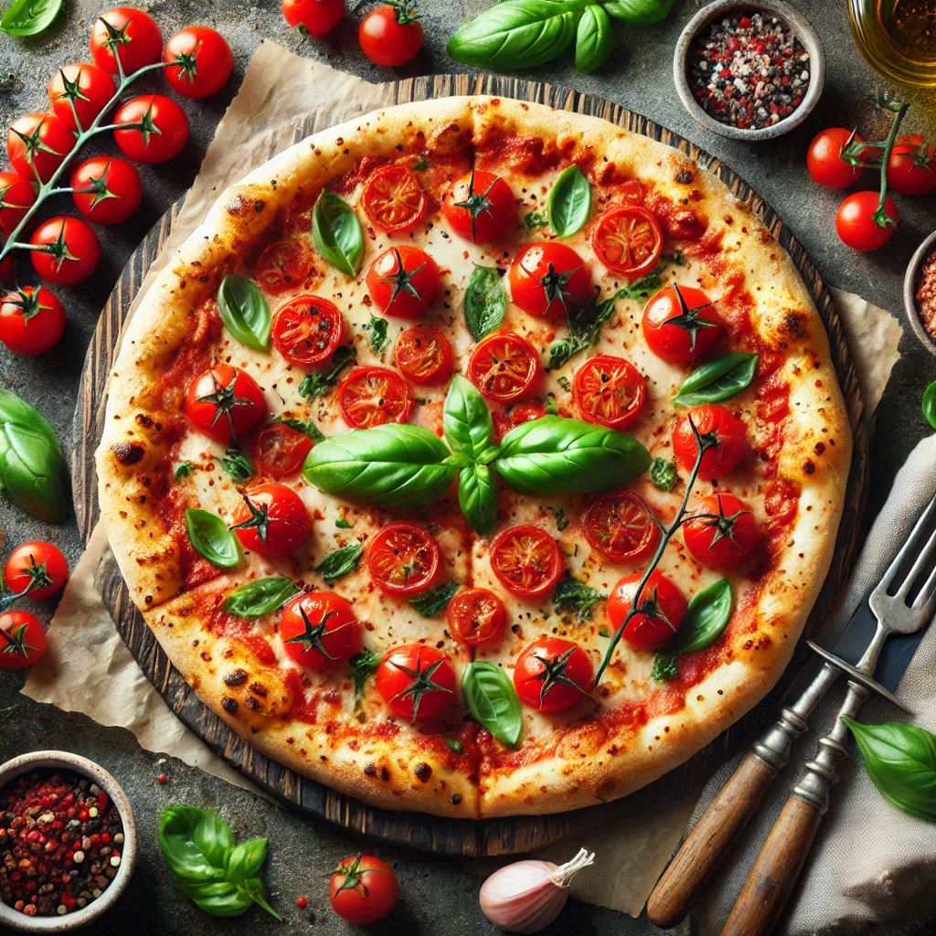 Pizza Margarita with cherry tomatoes and basil
