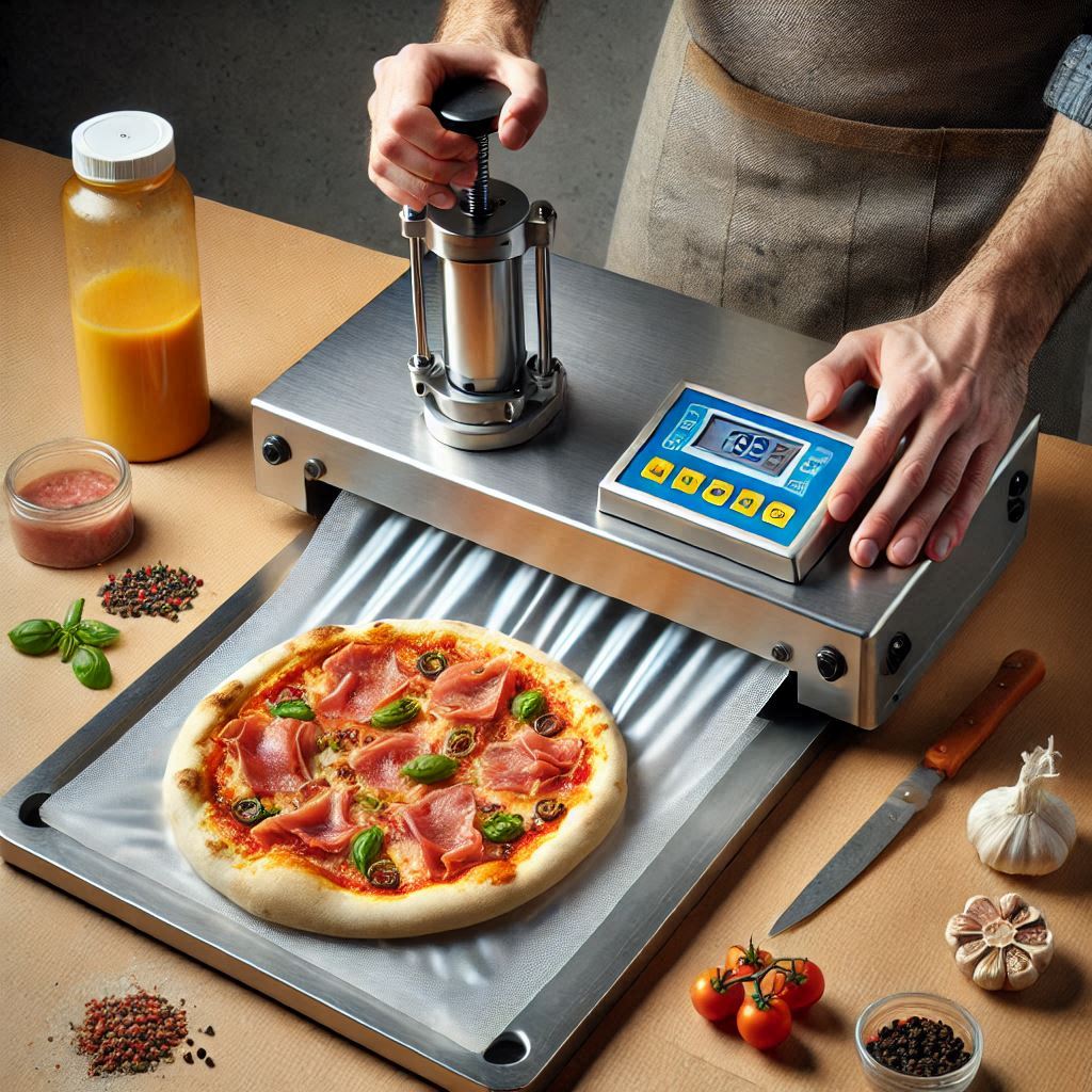 proceso de sellado al vacío con una máquina selladora al vacío de una pizza napolitana proceso de sellado al vacío con una máquina selladora al vacío de una pizza napolitana