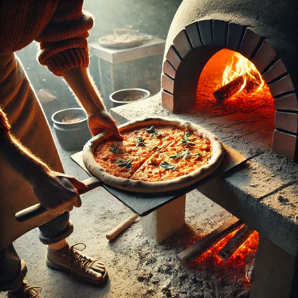 una persona sacando una pizza de un horno a las brasas de barro una persona sacando una pizza de un horno a las brasas de barro