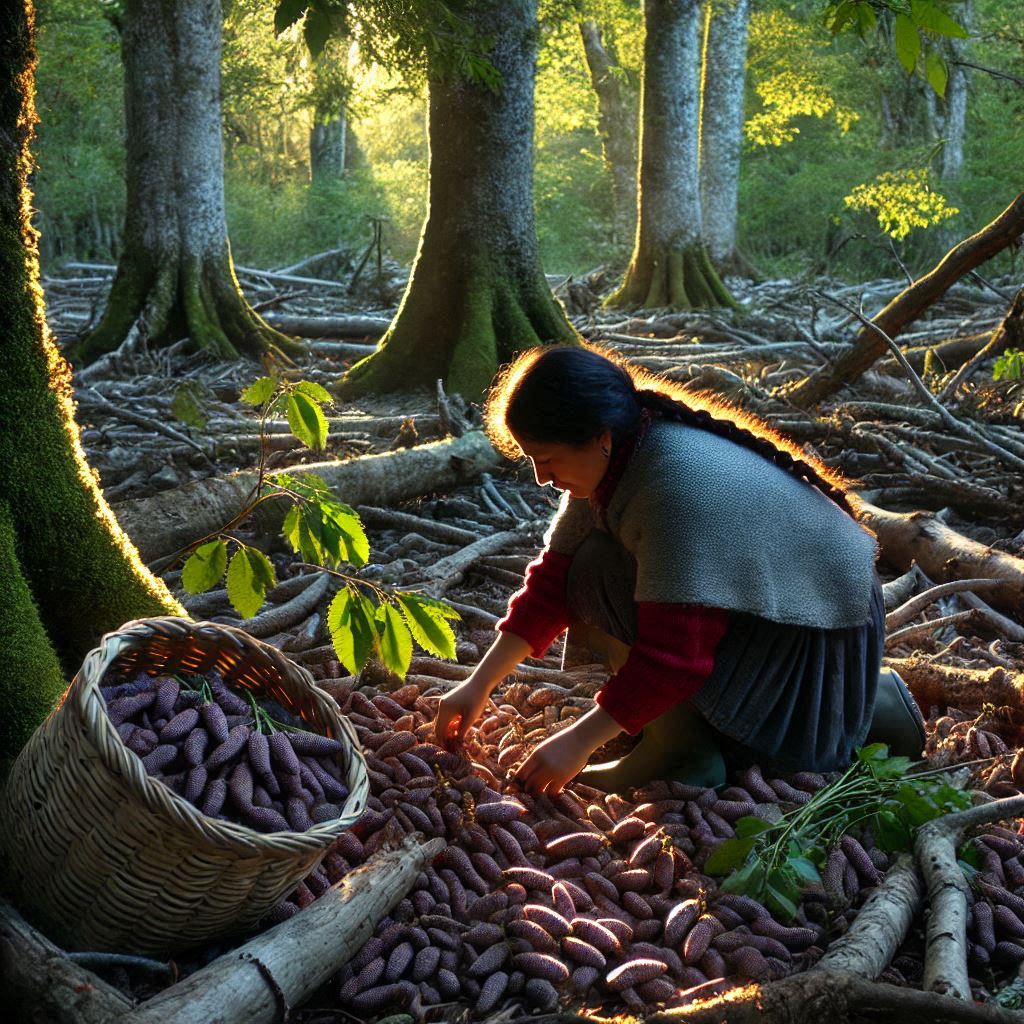 una señora mapuche recolectando digueñes en la 9na región de Chile (bosque nativo una señora mapuche recolectando digueñes en la 9na región de Chile (bosque nativo